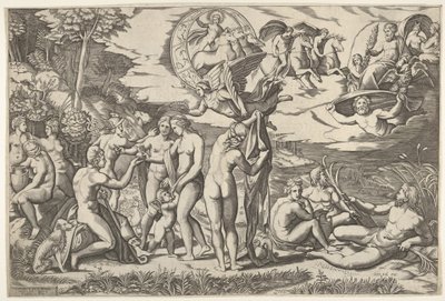 Osąd Paryża: Paris wyciąga rękę w kierunku Wenus, która stoi między Junoną a... ok. godz. 1520-50. autorstwa Marcantonio Raimondi