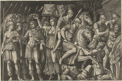 Cesarz Trajan ukoronowany przez Wiktorię stoi obok kobiecej personifikacji Rzymu i Rzymian w walce z Dakami autorstwa Marcantonio Raimondi