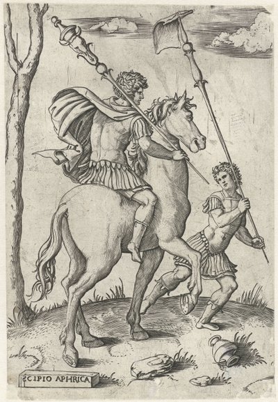 Rzymscy generałowie Scipio Africanus Maior na koniach i Scipio Africanus Minor Bohaterowie rzymscy na koniach (tytuł serii) autorstwa Marcantonio Raimondi