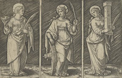 Św. Barbara po lewej, Św. Katarzyna, w środku, Św. Łucja po prawej, ca. 1500-1527., ca. 1500-1527. autorstwa Marcantonio Raimondi