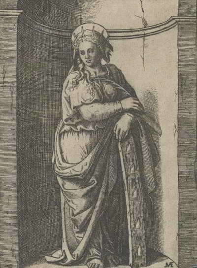 Święta Katarzyna stojąca w niszy, wsparta na kole, jej narzędziu tortur..., ok. godz. 1500-1527. autorstwa Marcantonio Raimondi
