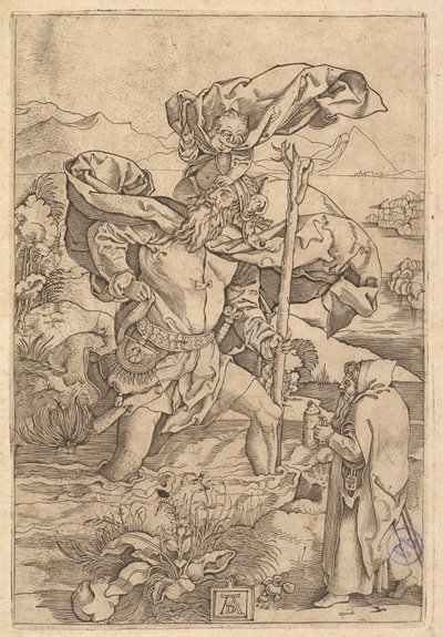 Święty Krzysztof przechodzący przez rzekę z Chrystusem w formie putta na swojej sz..., ca. 1500-1534. autorstwa Marcantonio Raimondi