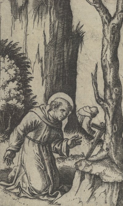 Św. Franciszek z Asyżu modlący się przed krucyfiksem, z cyklu „Piccoli Santi..., ca. 1500-1527. autorstwa Marcantonio Raimondi