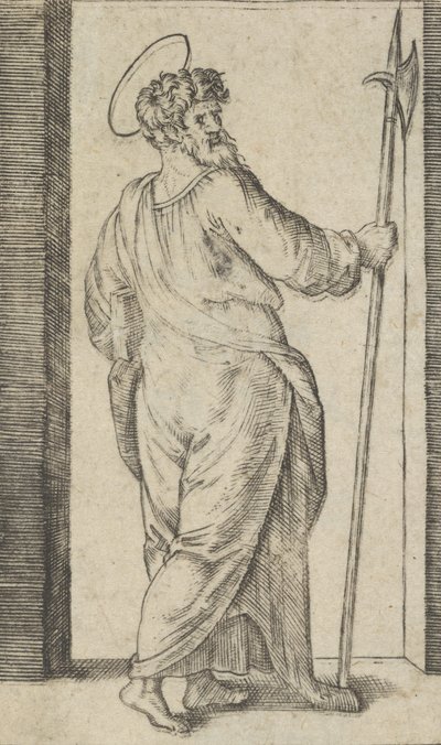 Święty Juda, trzymający w prawej ręce halabardę, z cyklu „Piccoli Santi”…, ca. 1500-1527. autorstwa Marcantonio Raimondi