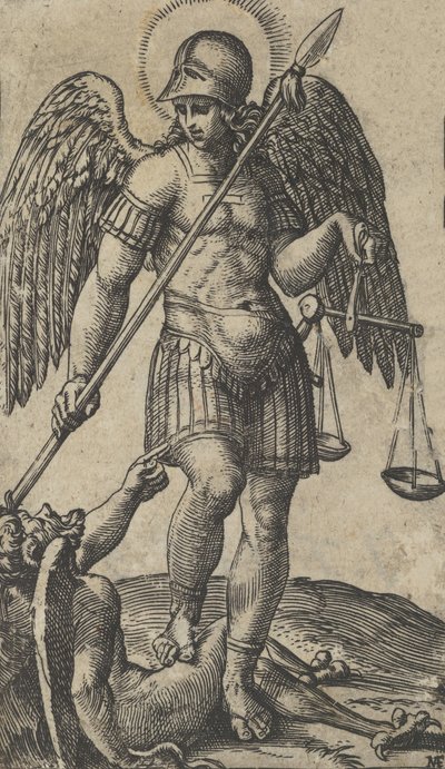 Święty Michał trzymający wagę i włócznię, pod nim demon z cyklu „P…, ca. 1500-1527. autorstwa Marcantonio Raimondi