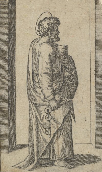 Święty Piotr, klucze w prawej ręce, księga w lewej, zwrócona w prawo, z serii „Pic..., ca. 1500-1527. autorstwa Marcantonio Raimondi