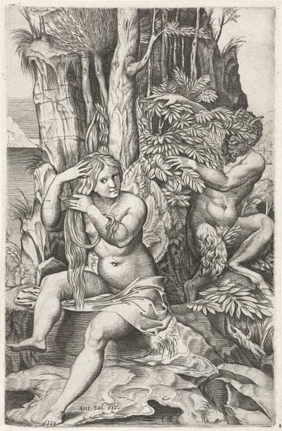 Satyr podgląda nimfę w toalecie Patelnia i Syrinx autorstwa Marcantonio Raimondi