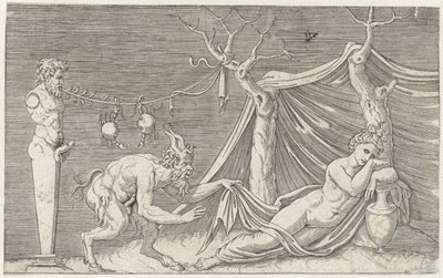 Satyr śledzi śpiącą nimfę Przedstawienia mitologiczne po starożytnych płaskorzeźbach (tytuł serii) autorstwa Marcantonio Raimondi