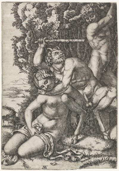 Satyr i młody mężczyzna walczą o nimfę autorstwa Marcantonio Raimondi