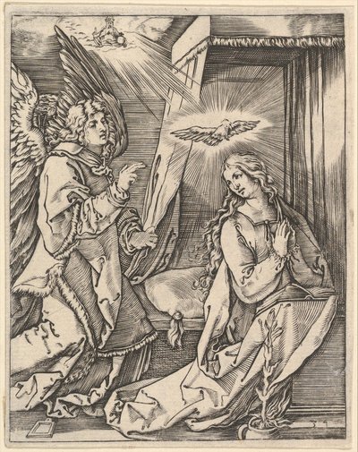 Zwiastowanie, po lewej archanioł Gabriel zbliża się do modlącej się Dziewicy..., ok. godz. 1500-1534. autorstwa Marcantonio Raimondi