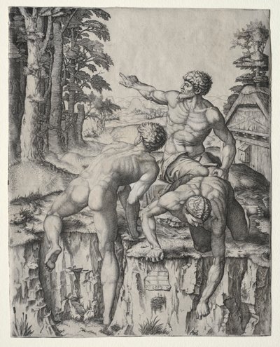 Wspinacze (Trzy postacie z bitwy Michała Anioła pod Cascina) autorstwa Marcantonio Raimondi