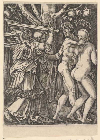 Wypędzenie z raju, według Dürera, ca. 1500-1534. autorstwa Marcantonio Raimondi