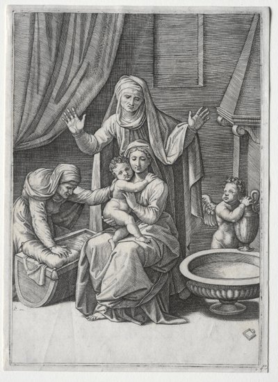 Dziewica i kołyska ze św. Elżbietą i św. Anną, 1520. autorstwa Marcantonio Raimondi