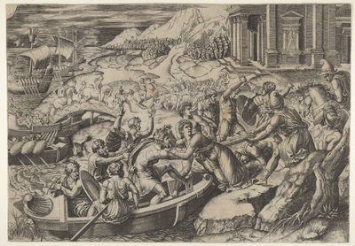 Porwanie Heleny, scena bitwy na brzegu z dwoma mężczyznami wciągającymi Helenę w b..., ca. 1520-27. autorstwa Marcantonio Raimondi