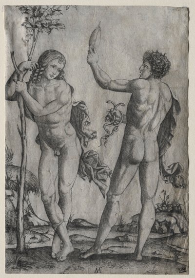 Dwóch nagich mężczyzn obok drzewa. autorstwa Marcantonio Raimondi