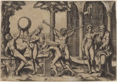 Człowiek z dwiema trąbkami autorstwa Marcantonio Raimondi after Baccio Bandinelli
