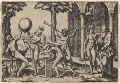 Człowiek z dwiema trąbkami autorstwa Marcantonio Raimondi after Baccio Bandinelli
