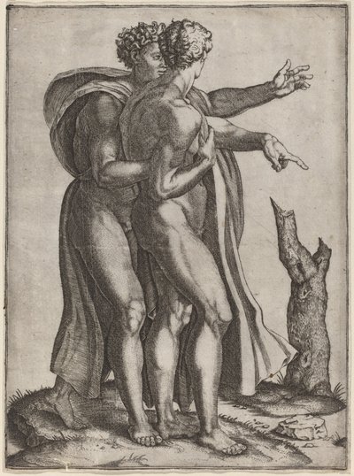 Dwóch nagich mężczyzn autorstwa Marcantonio Raimondi after Michelangelo