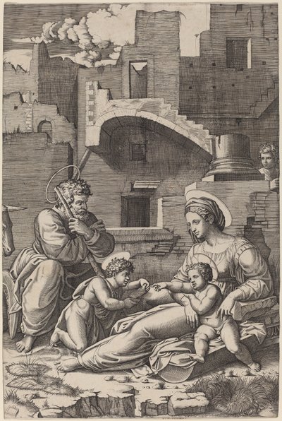 Święta Rodzina z Młodym Św. Janem Chrzcicielem (Madonna Długiego Uda) autorstwa Marcantonio Raimondi after Raphael