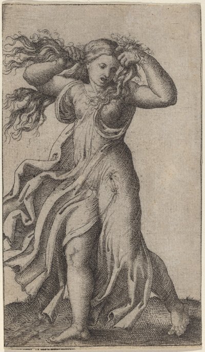 Kobieta ciągnąca włosy autorstwa Marcantonio Raimondi possibly after Francesco Francia