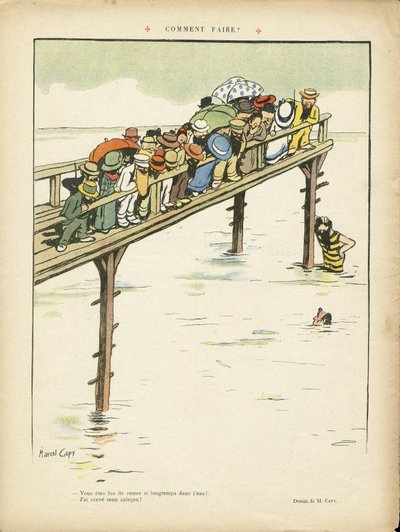 Ilustracja Marcela Capy (1865-1941) w Le Lire, 24.08.12 - Jak to zrobić? - Wypoczynek, Architektura Urbanistyka, Morskie Wybrzeże, Pływanie Pływanie, Tłumy autorstwa Marcel Amable O.L. Capy