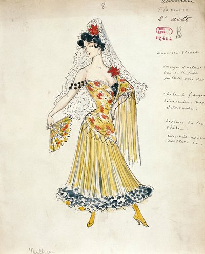 Francja, Paryż, Szkic kostiumu dla tancerek flamenco dla Carmen autorstwa Georgesa Bizeta autorstwa Marcel Multzer