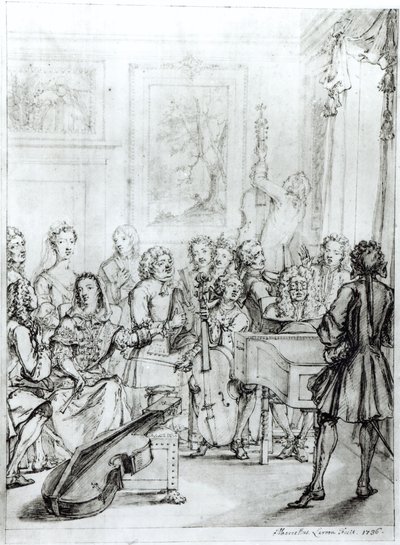 Koncert w Montague House, 1736 (pióro i tusz na ołówku na papierze) autorstwa Marcellus the Younger Laroon