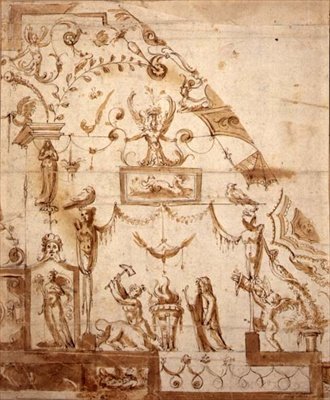 Projekt sufitu groteskowego (długopis i sepia na papierze) autorstwa Marco (fl.1565 88) (circle of) Marchetti
