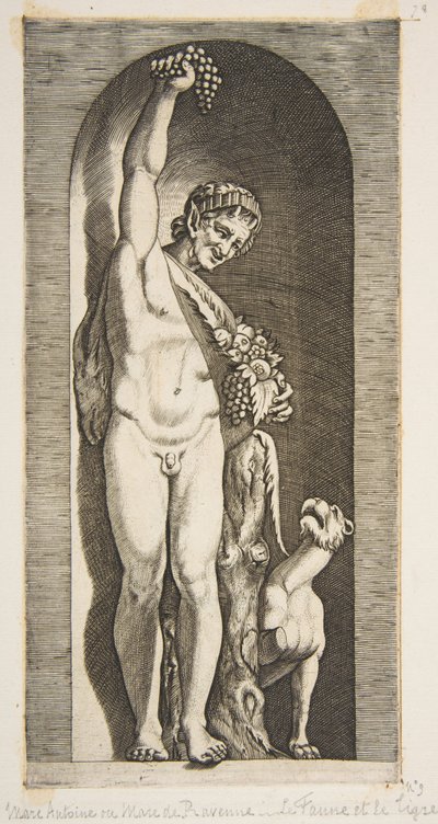 Faun stojący w niszy trzymający prawą ręką w górze kiść winogron i... ok. godz. 1515-27. autorstwa Marco Dente