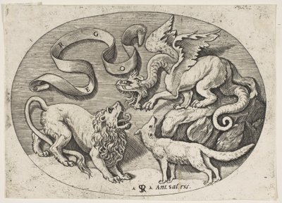 Walczący ze sobą lew, smok i lis, powyżej wpisana banderola, owalny k..., ca. 1515-27. autorstwa Marco Dente