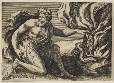 Mężczyzna klęczący i kładący gałązkę laurową na stosie płonących ksiąg, ca. 1515-27. autorstwa Marco Dente