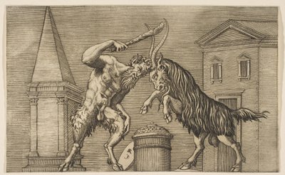 Atakujący się satyr i baran, satyr dzierżący maczugę prawym ha..., ok. godz. 1515-27. autorstwa Marco Dente