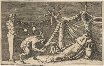 Satyr odkrywa śpiącą kobietę, dwa kraby zwisające z liny, która jest nawleczona..., ca. 1515-27. autorstwa Marco Dente