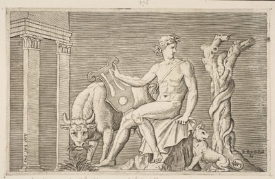 Apollo pasący stada Admetusa, Apollo siedział trzymając lirę i otoczony przez..., ca. 1515-27. autorstwa Marco Dente