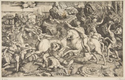 Scena bitwy w krajobrazie z żołnierzami na koniach i kilkoma poległymi mężczyznami, kolejna..., ca. 1520. autorstwa Marco Dente