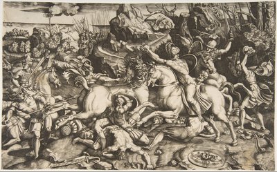 Scena bitwy w krajobrazie z żołnierzami na koniach i kilkoma poległymi mężczyznami, kolejna..., ca. 1520. autorstwa Marco Dente