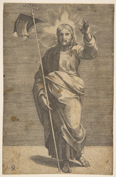 Chrystus stojący twarzą do przodu, trzymający krzyż ze sztandarem i unoszący lewą…, ok. godz. 1515-27. autorstwa Marco Dente