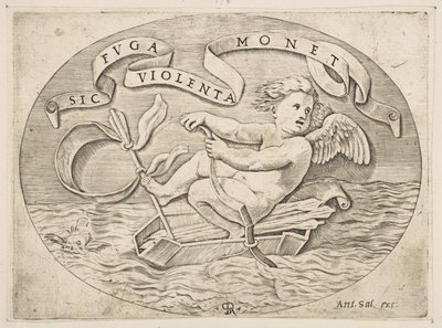 Eros Uciekający przez morze, Kupidyn używający swojego łuku do napędzania łodzi zrobionej z jego kołczanu dowcipu..., ok. godz. 1515-27. autorstwa Marco Dente