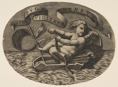Eros uciekający drogą morską używając łuku do napędzania łodzi wykonanej z jego kołczanu z ar..., ca. 1515-27. autorstwa Marco Dente
