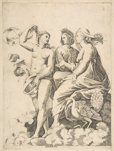 Juno, Ceres i Psyche rozmawiają w chmurach, Juno siedząca z pawiem przy niej..., ca. 1515-27. autorstwa Marco Dente