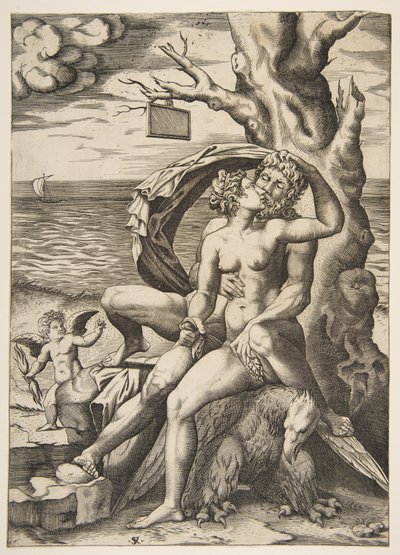 Obejmują się Jowisz i Semele, pod nimi orzeł, drzewo po prawej z pustym t..., ca. 1515-27. autorstwa Marco Dente