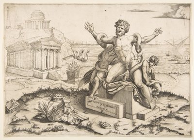 Laokoona i jego dwóch synów atakowani przez węże na piedestale, świątynia Mi..., ca. 1515-27. autorstwa Marco Dente