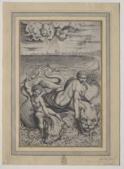 Miłość i Kupidyn niesione przez delfiny, 1500s. autorstwa Marco Dente