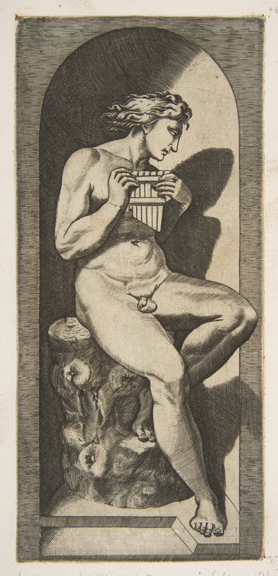 Olympus nagi, siedzący na pniu z rurami, osadzony w niszy, ok. godz. 1515-27. autorstwa Marco Dente