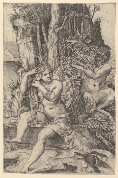 Pan podgląda nimfę Syrinx siedzącą na skale, czesząc włosy, ok. godz. 1516-20. autorstwa Marco Dente