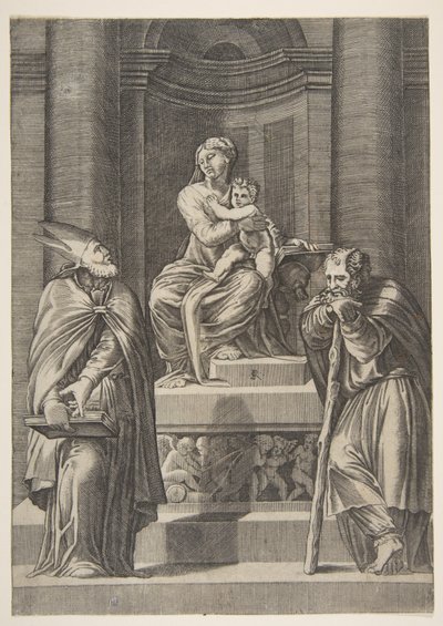 Św. Józef po lewej i biskup po prawej stojący przed ołtarzem Matki Boskiej..., ca. 1515-27. autorstwa Marco Dente