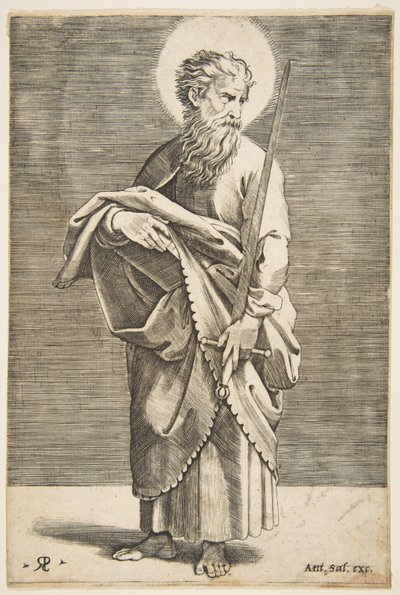Św. Paweł patrzący w prawo trzymający miecz i księgę, ca. 1515-27. autorstwa Marco Dente