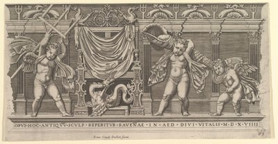 Lustro rzymskiej wspaniałości: płaskorzeźba z trzema amorkami, 1519. autorstwa Marco Dente