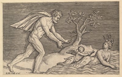Zwierciadło rzymskiej wspaniałości: nagi mężczyzna w pogoni za najadą, ca. 1515-1527. autorstwa Marco Dente