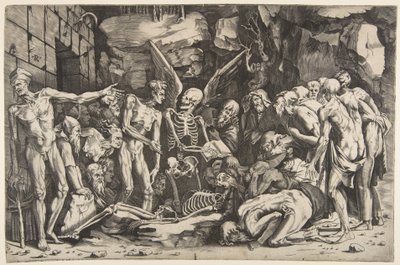 Szkielety, grupa wychudzonych mężczyzn i kobiet skupionych wokół szkieletu ułożonego na..., 1515-27. autorstwa Marco Dente